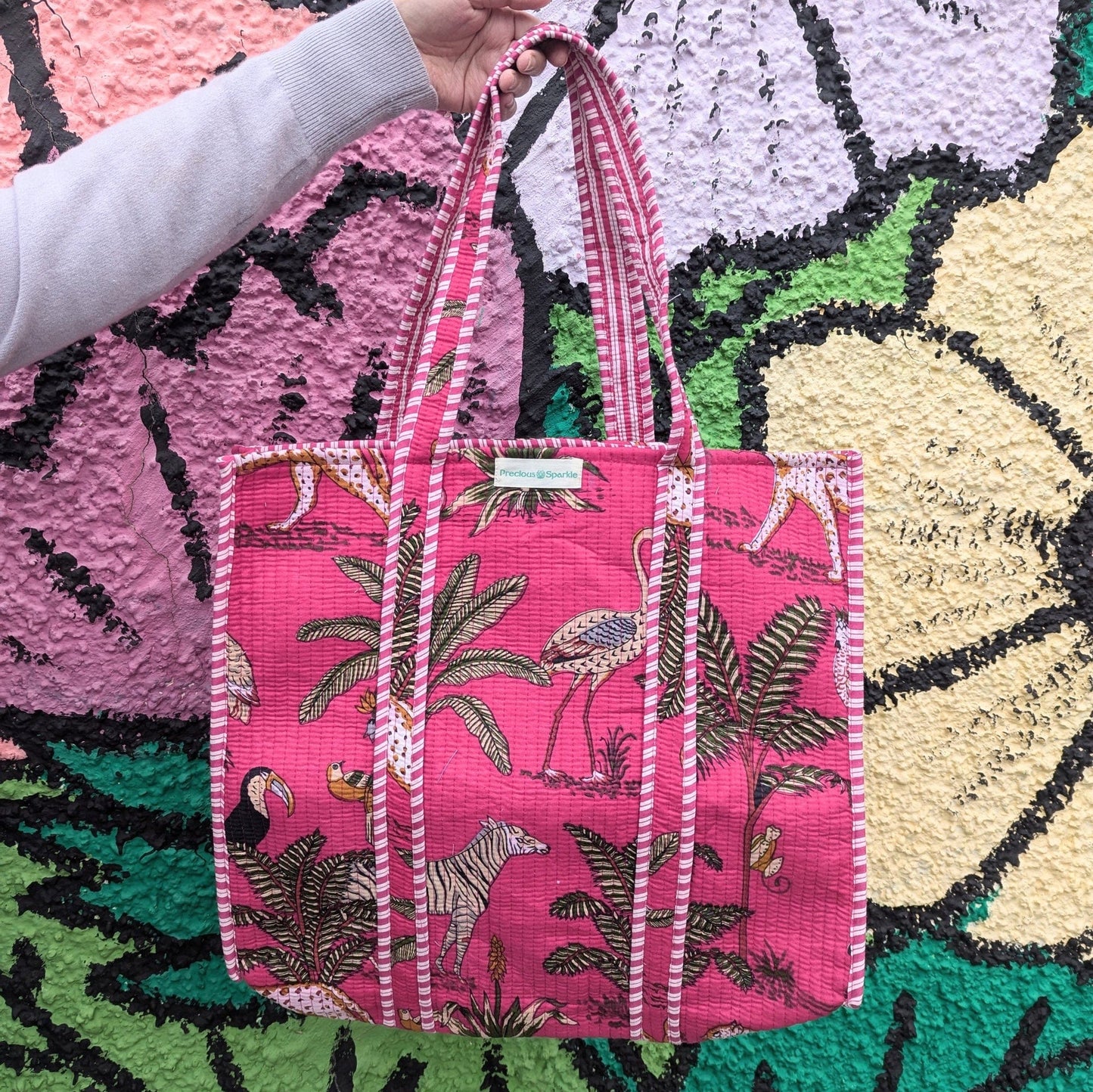 Cotton Quilted Indian Tote Bag Pink Jungle Precious Sparkle