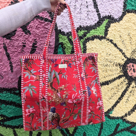 precious sparkle Accessories Cotton Quilted Indian Tote Bag Red Floral Bird