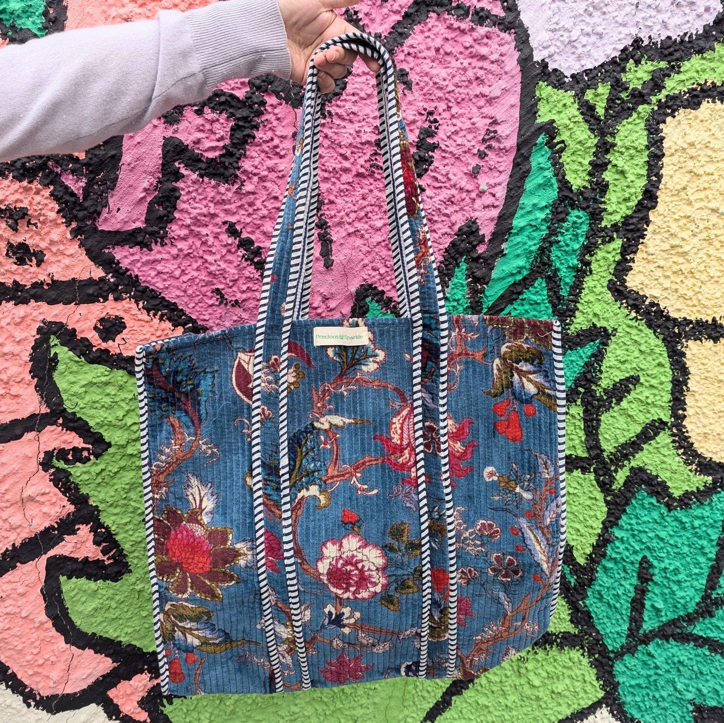 precious sparkle Accessories Velvet Quilted Indian Tote Bag Blue Floral