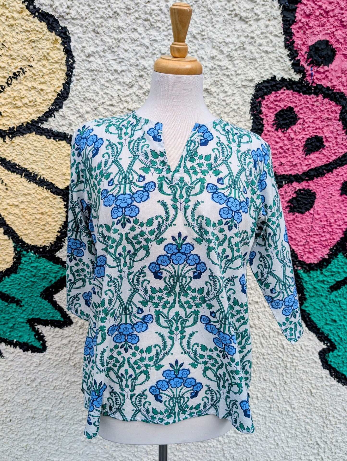 precious sparkle Fashion Blue & Green Art Deco Block Print Cotton Blouse