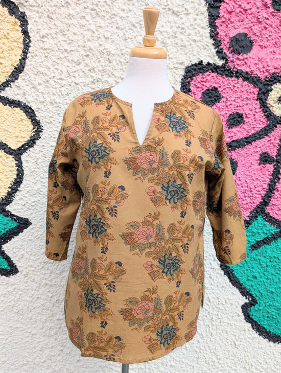 precious sparkle Fashion Dark Mustard Floral Block Print Cotton Blouse