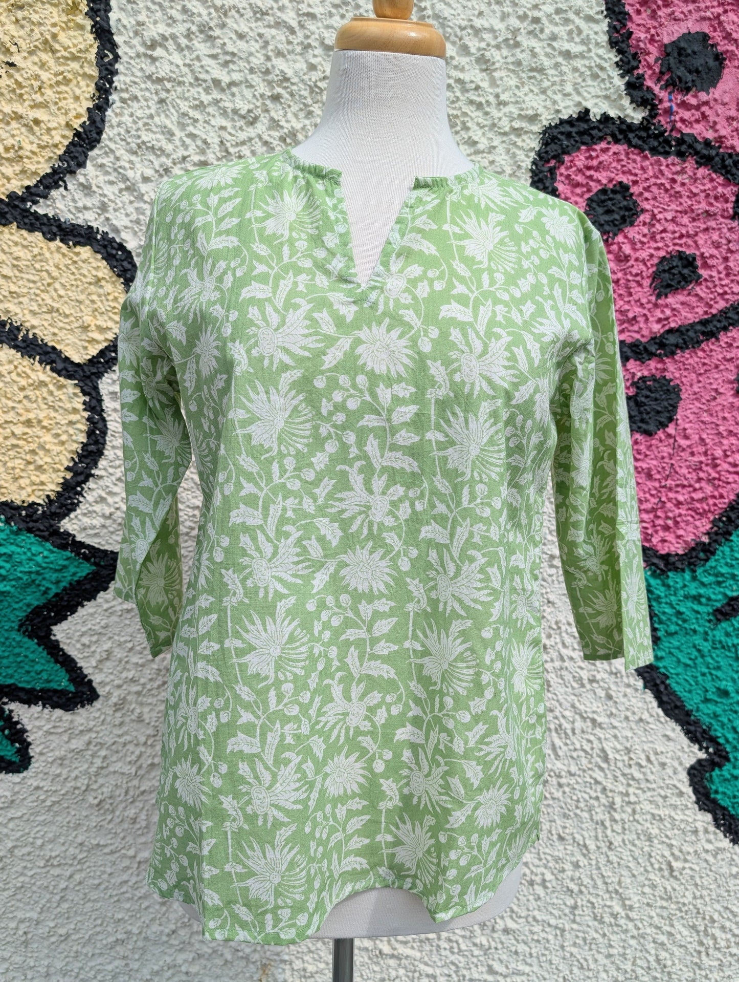 precious sparkle Fashion Pale Green Floral Block Print Cotton Blouse