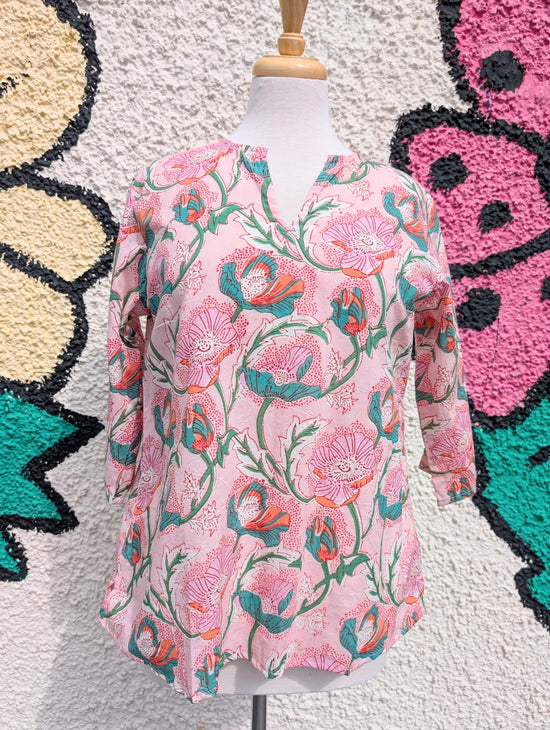 precious sparkle Fashion Peach Floral Block Print Cotton Blouse