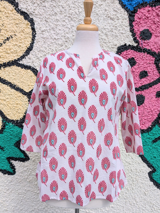 precious sparkle Fashion White Pink Feather Block Print Cotton Blouse