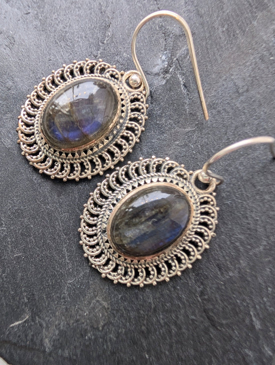 precious sparkle Jewellery Labradorite Ornate Sterling Silver Earrings