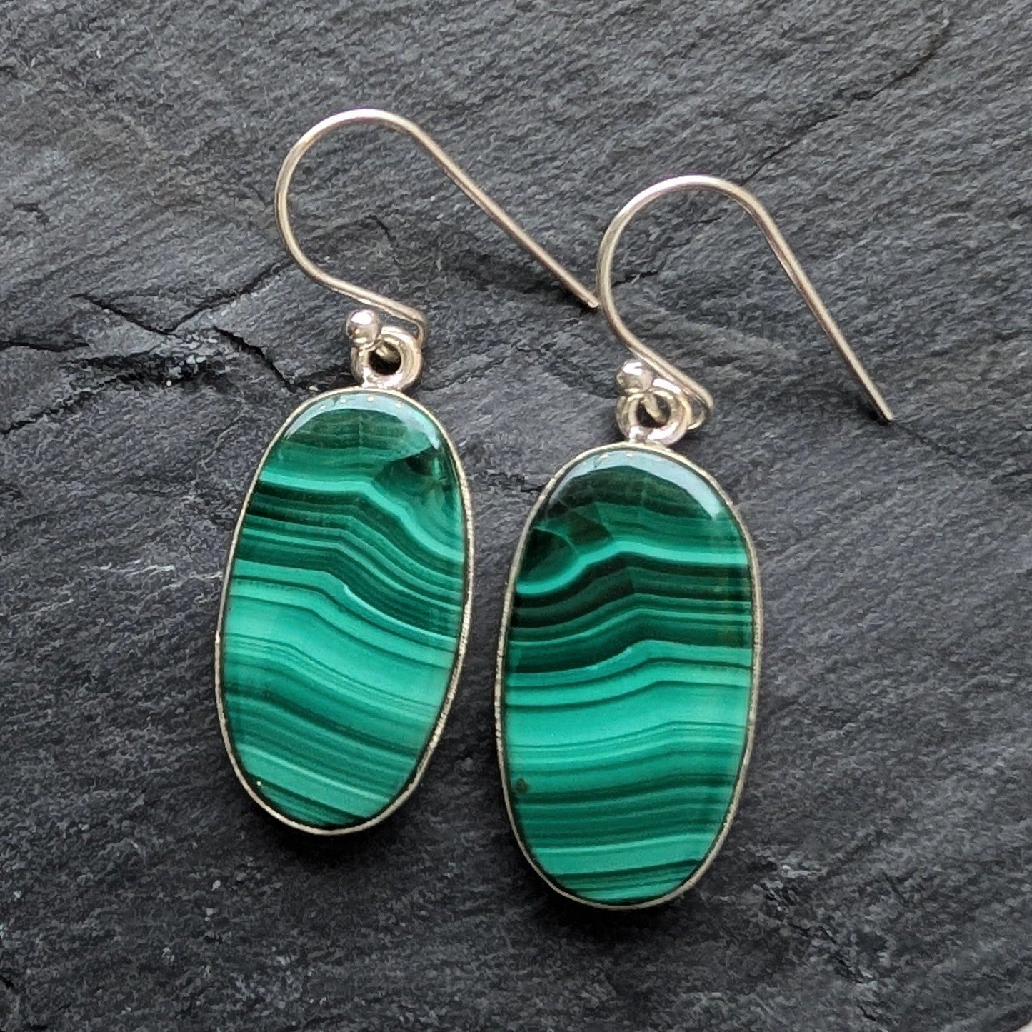 precious sparkle Jewellery Malachite Oval Sterling Silver Earrings