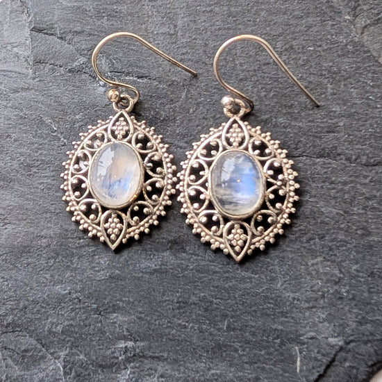 precious sparkle Jewellery Rainbow Moonstone Ornate Sterling Earrings