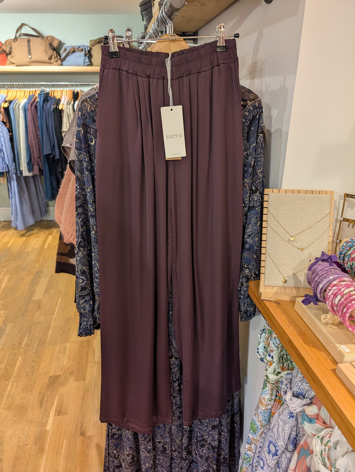 Suzy D Shirley Satin Palazzo Pants Eggplant - Precious Sparkle