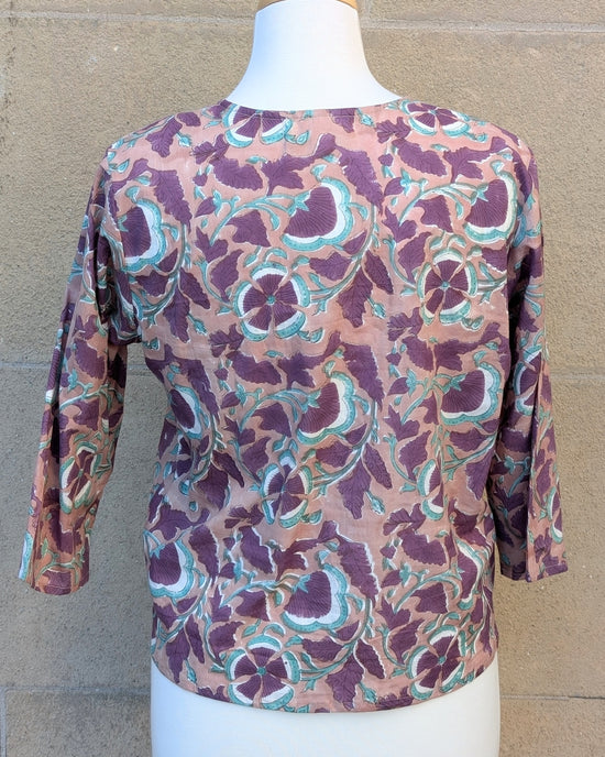 Janis Taupe & Purple Floral Block Print Cotton Blouse Short Length