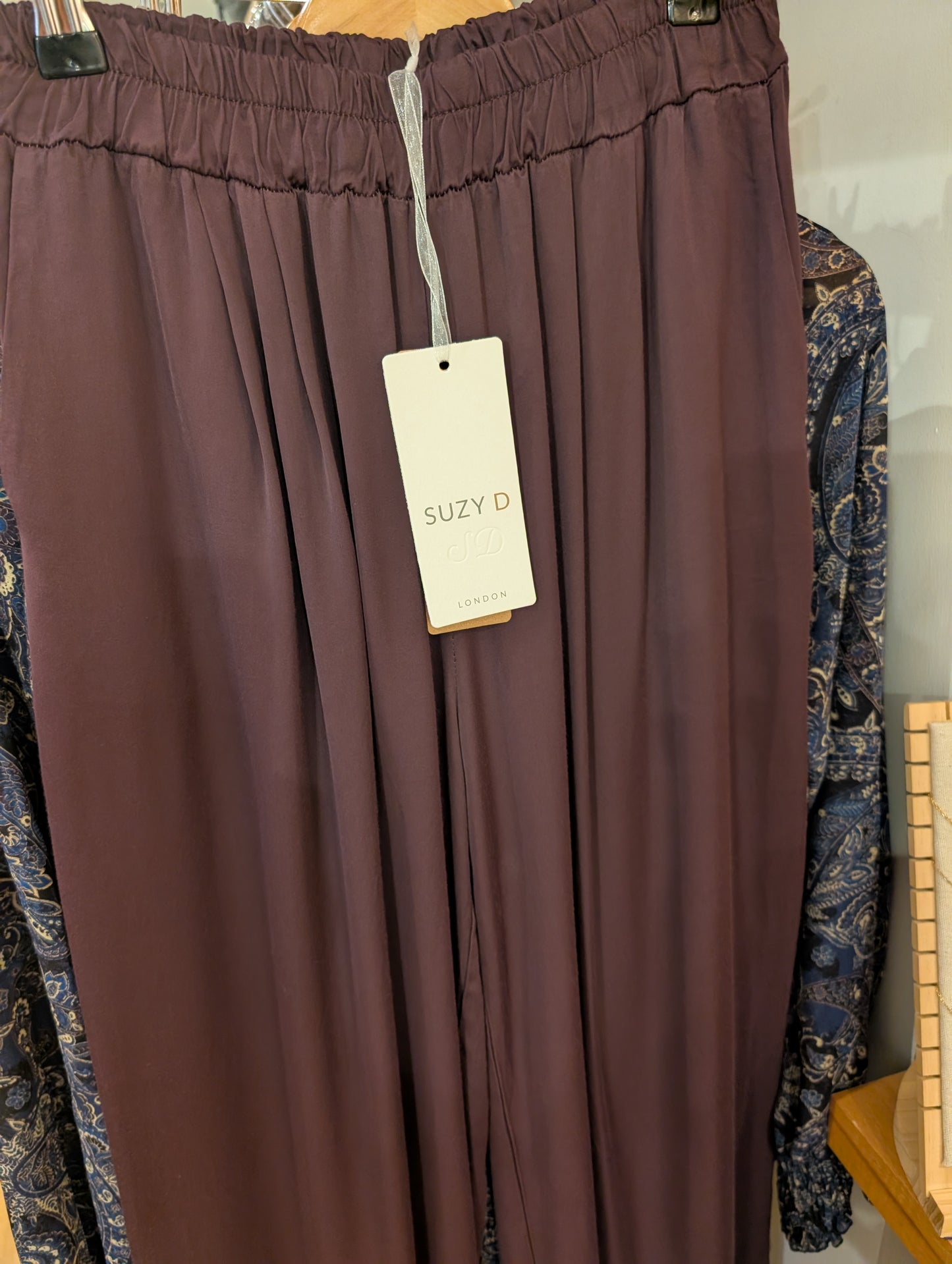 Suzy D Shirley Satin Palazzo Pants Eggplant - Precious Sparkle