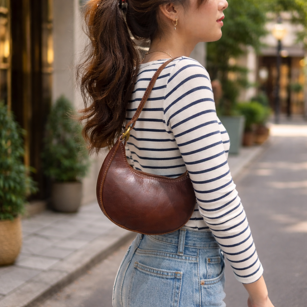 Leather Camel Small Half-Moon Shoulder Bag