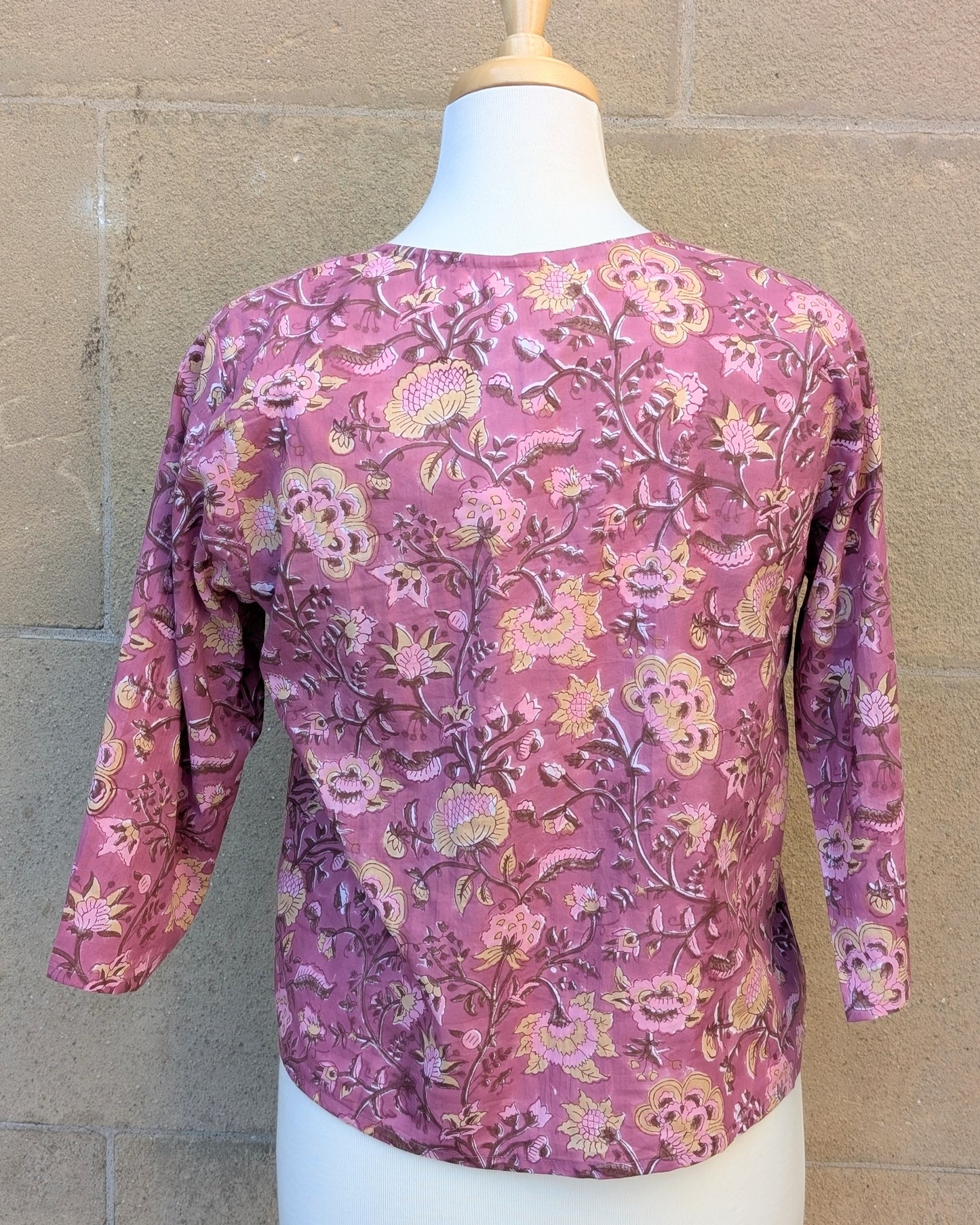 Janis Pink & Yellow Floral Block Print Cotton Blouse Short Length