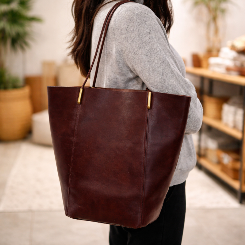 Leather Camel Bucket Tote Bag Handbag