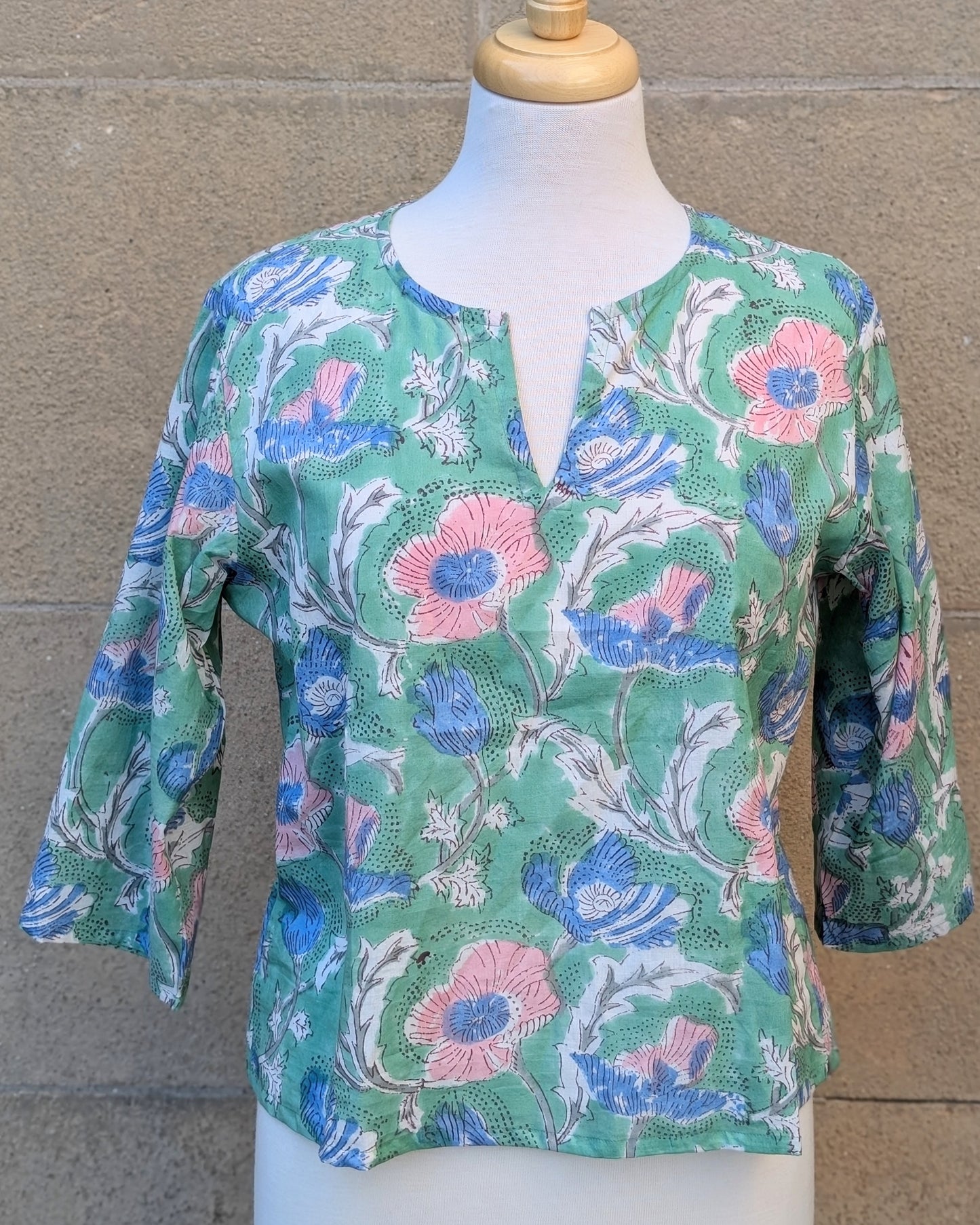 Janis Green & Blue Floral Block Print Cotton Blouse Short Length