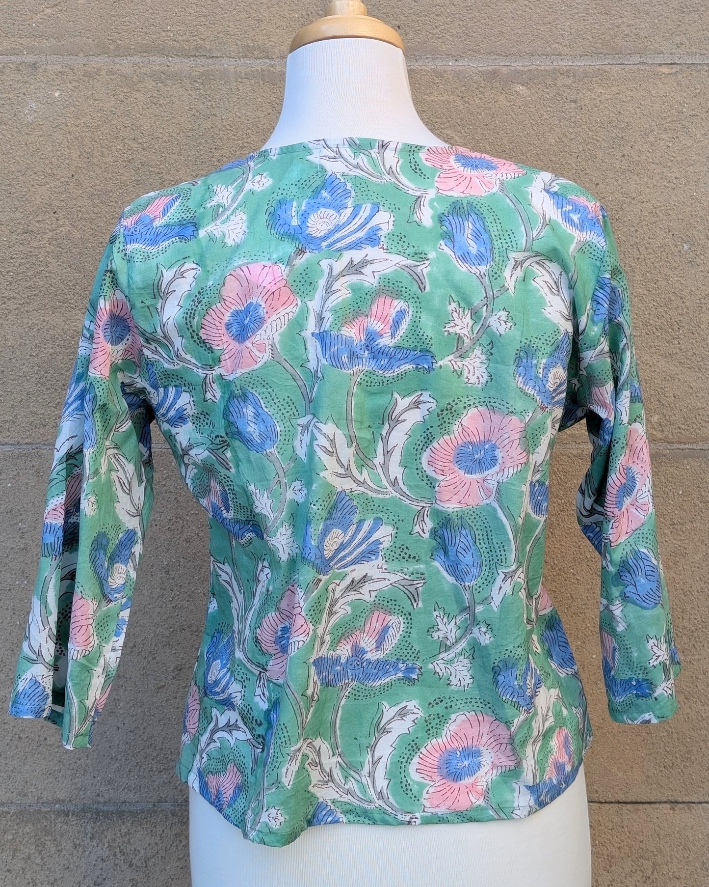 Janis Green & Blue Floral Block Print Cotton Blouse Short Length