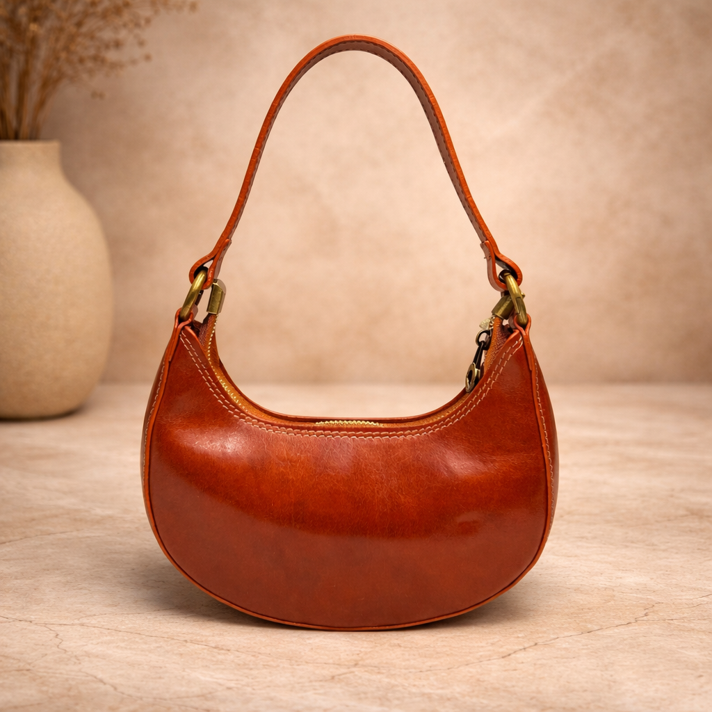 Leather Camel Small Half-Moon Shoulder Bag
