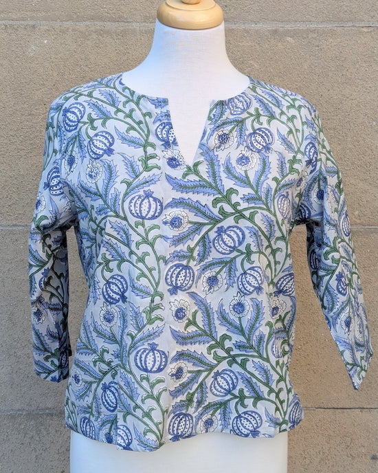 Janis Grey & Blue Floral Block Print Cotton Blouse