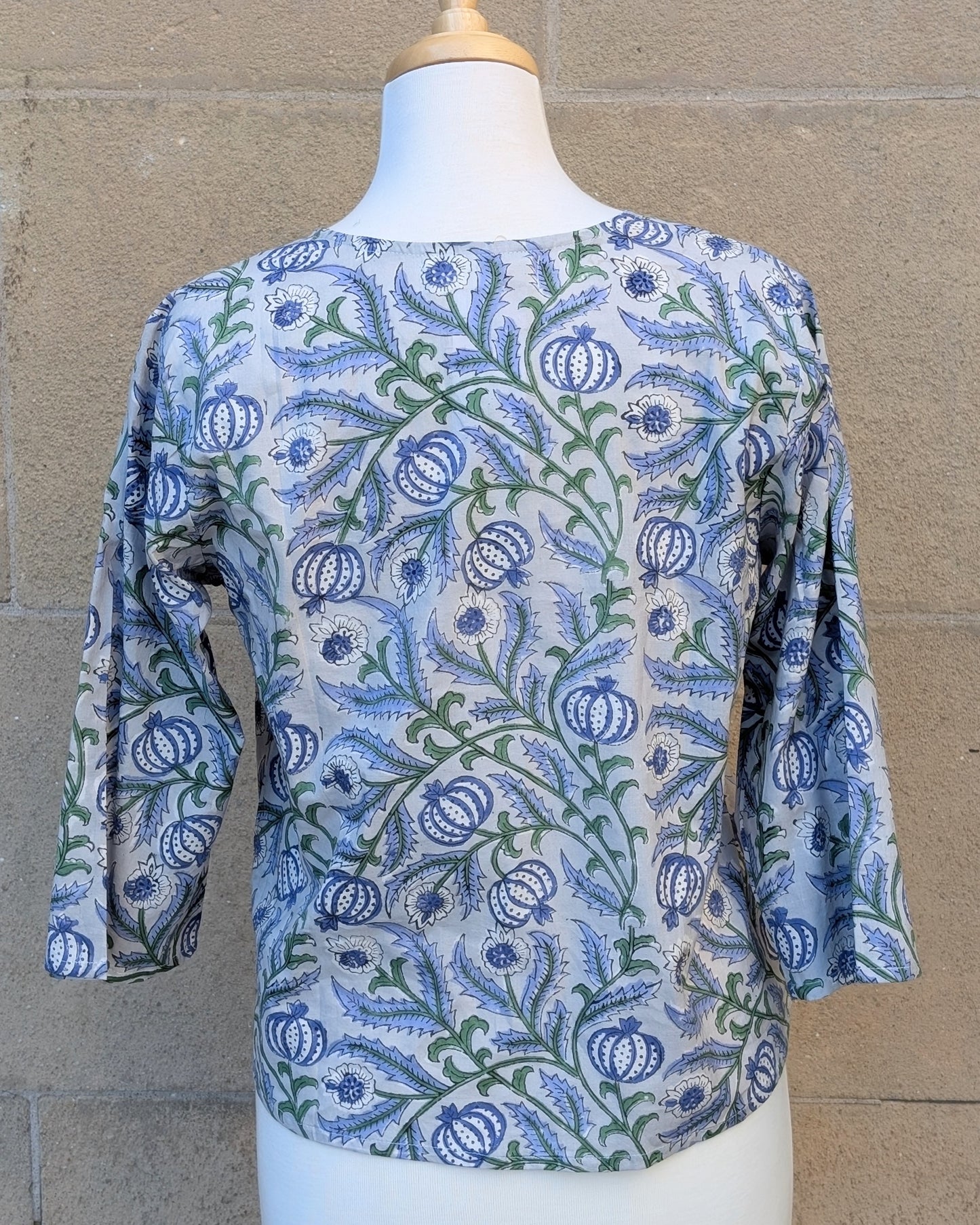Janis Grey & Blue Floral Block Print Cotton Blouse