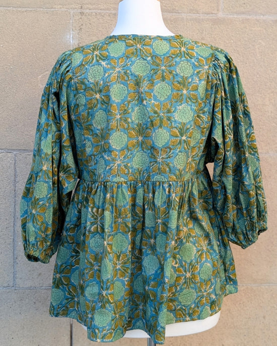 Joni Teal Green Floral Block Print Peasant Cotton Blouse