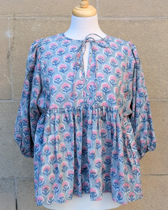Joni Blue Pink Floral Block Print Peasant Cotton Blouse