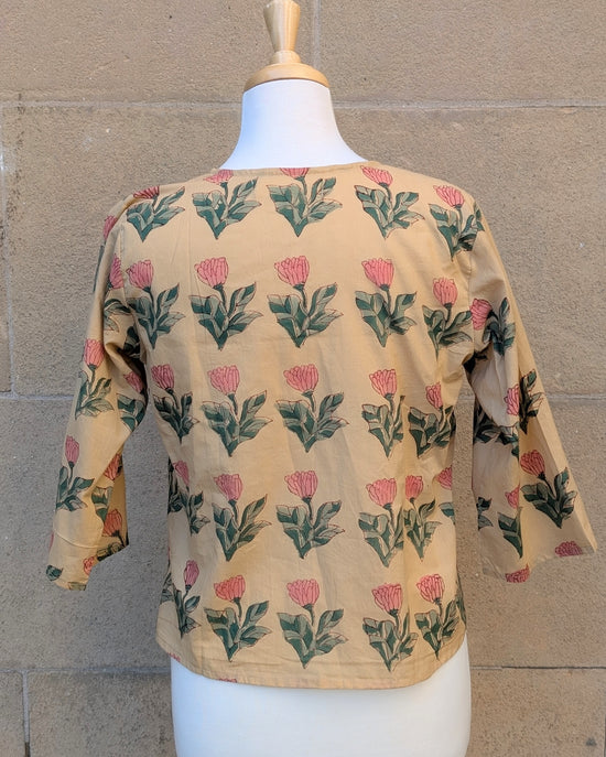 Janis Yellow & Pink Flower Block Print Cotton Blouse Short Length
