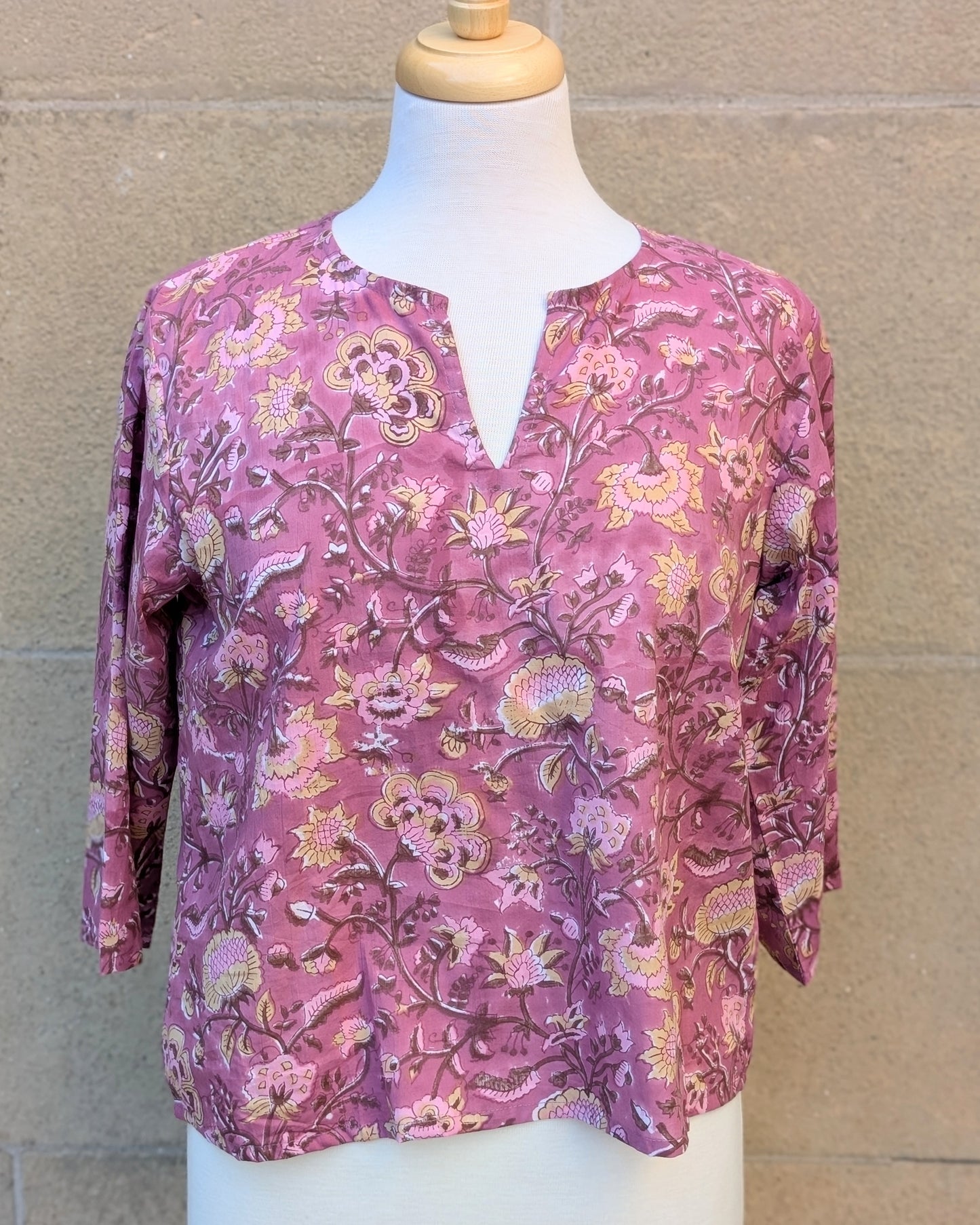 Janis Pink & Yellow Floral Block Print Cotton Blouse Short Length