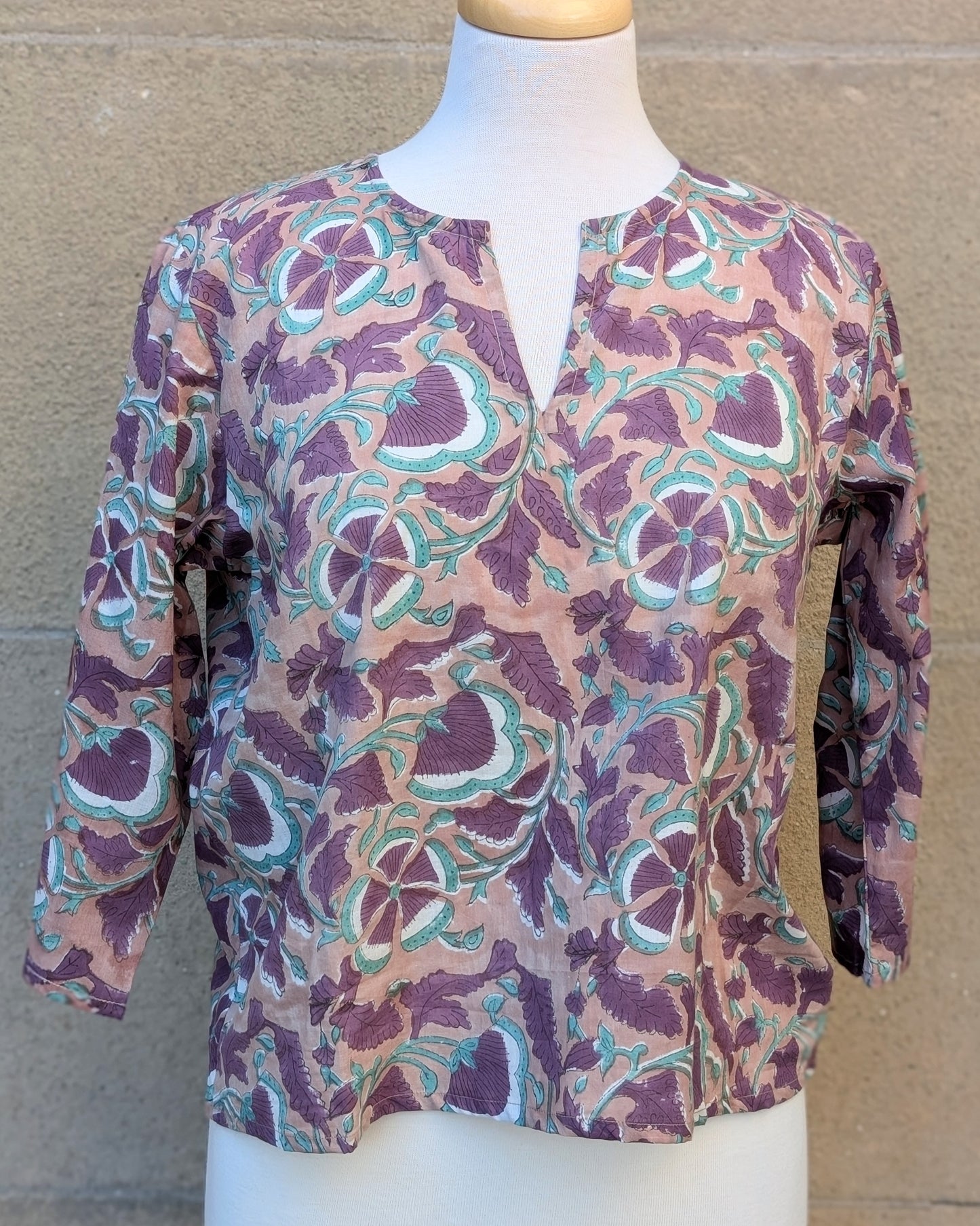 Janis Taupe & Purple Floral Block Print Cotton Blouse Short Length