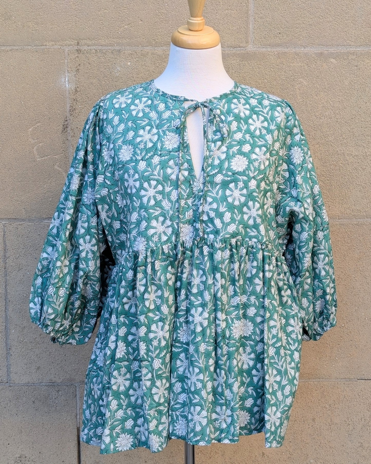 Joni Green & White Floral Block Print Peasant Cotton Blouse