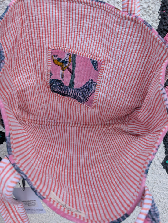 Velvet Quilted Indian Tote Bag- Pale Pink Leopard - Precious Sparkle