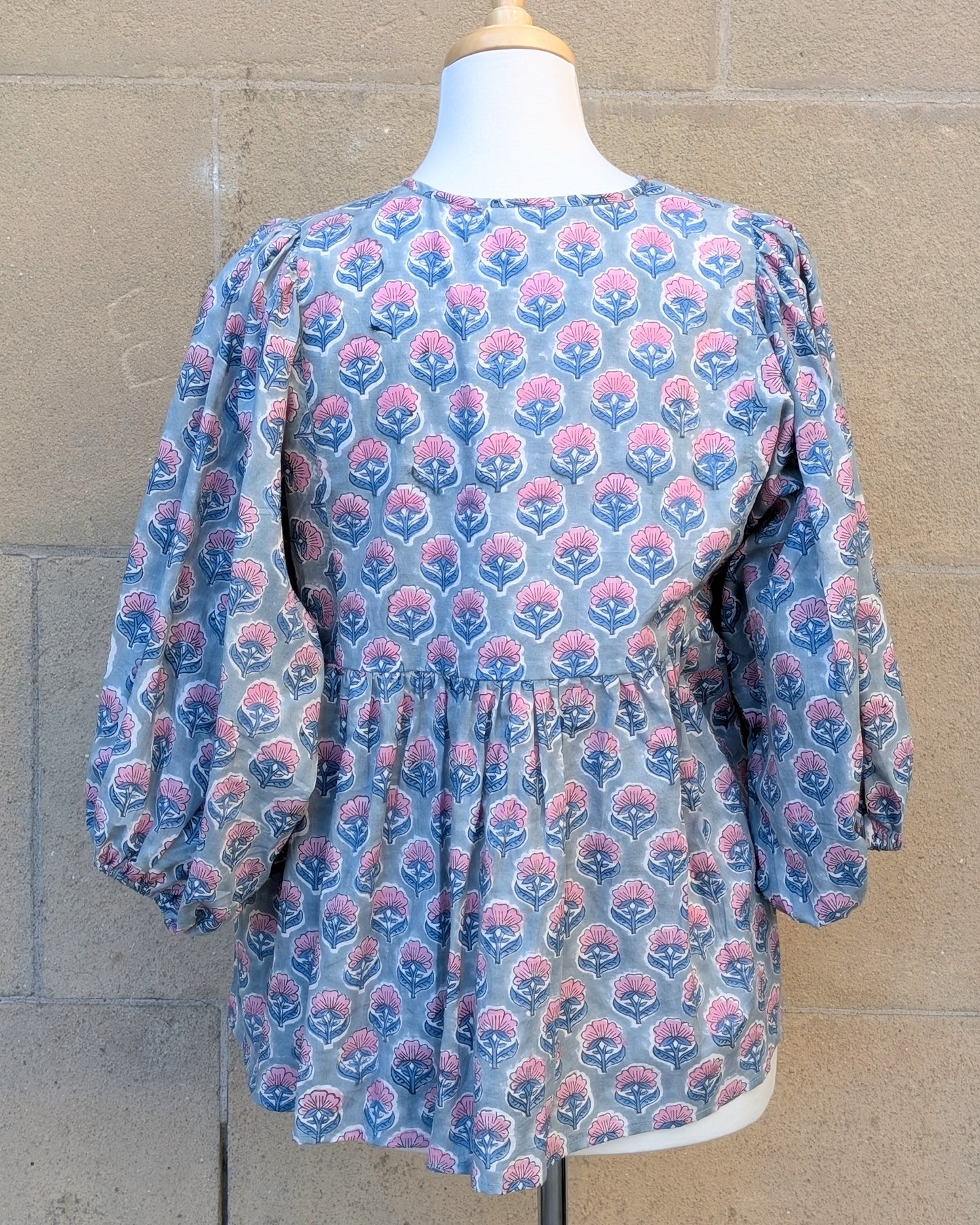 Joni Blue Pink Floral Block Print Peasant Cotton Blouse