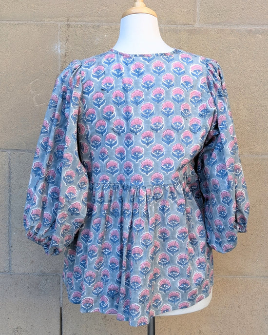 Joni Blue Pink Floral Block Print Peasant Cotton Blouse
