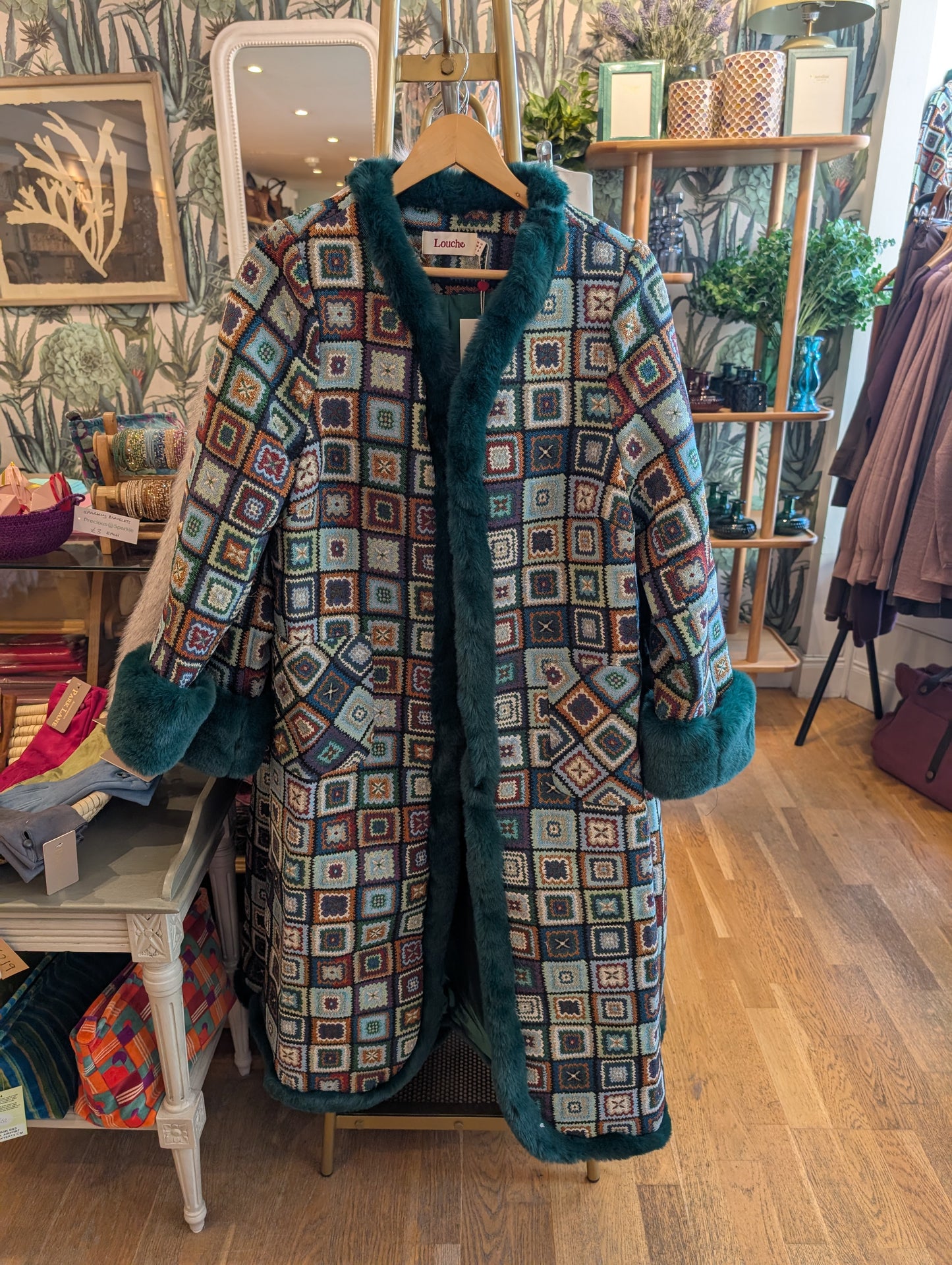 Louche Delphia 70s Patch Jacquard Fur Trim Coat – Multicoloured
