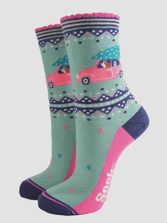 Sock Talk Accessories Sock Talk Bamboo Socks Green/Pink, Christmas Hedgehog Car