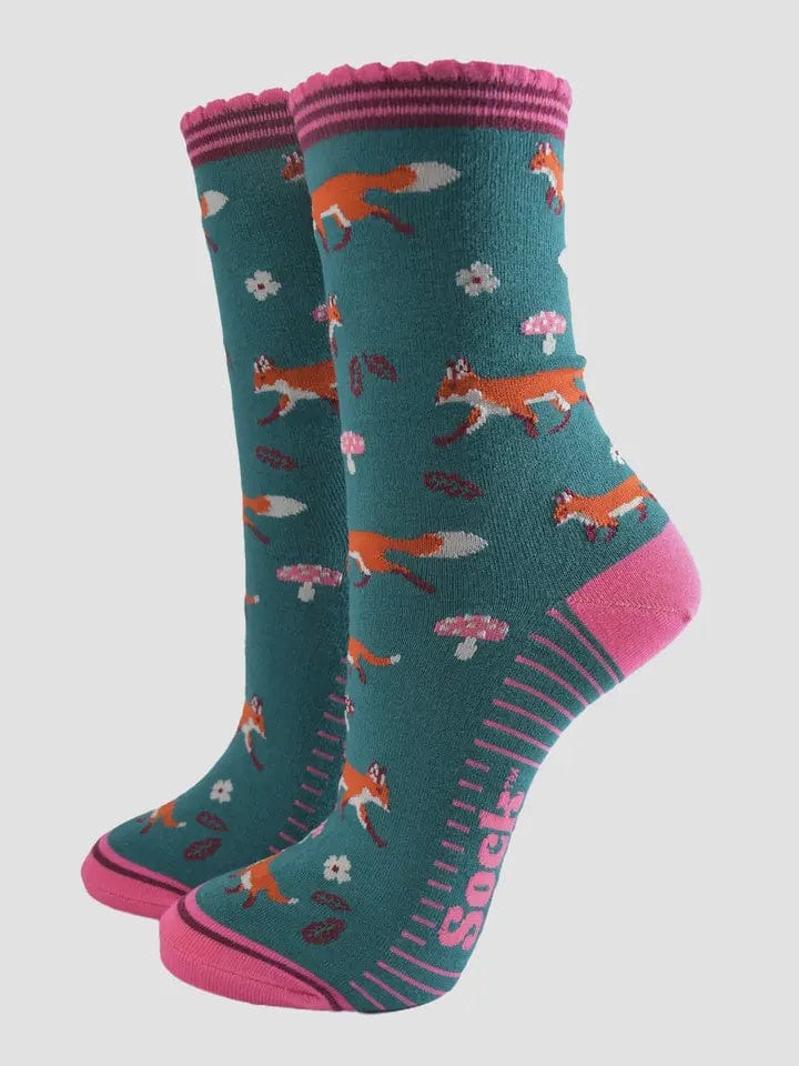 Sock Talk Accessories Sock Talk Bamboo Socks Green/Pink, Fox Woodland