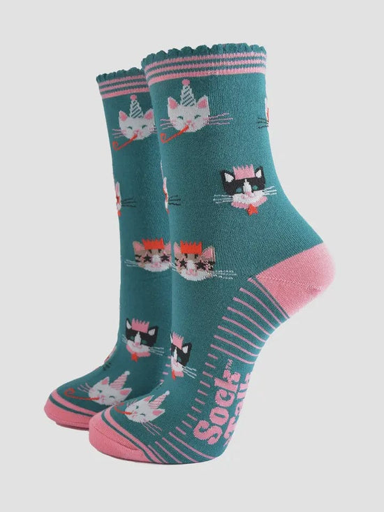 Sock Talk Accessories Sock Talk Bamboo Socks Green/Pink, Party Cats