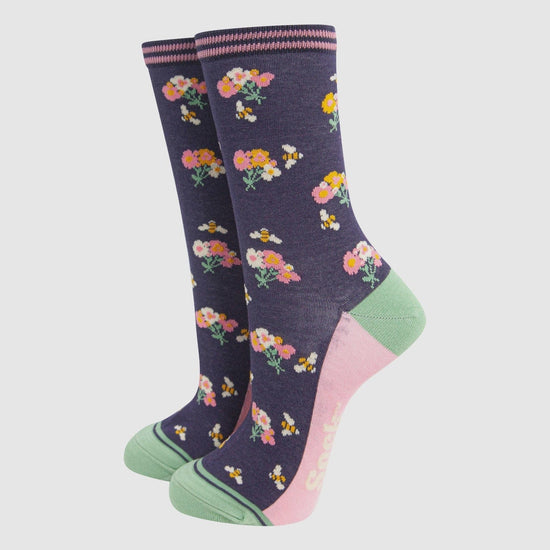 Sock Talk Accessories Sock Talk Women's Bamboo Socks - Navy, Bees Floral Posies