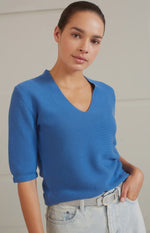 YAYA Fashion Yaya Cotton Sweater V Neck Half Long Sleeves Cobalt Blue