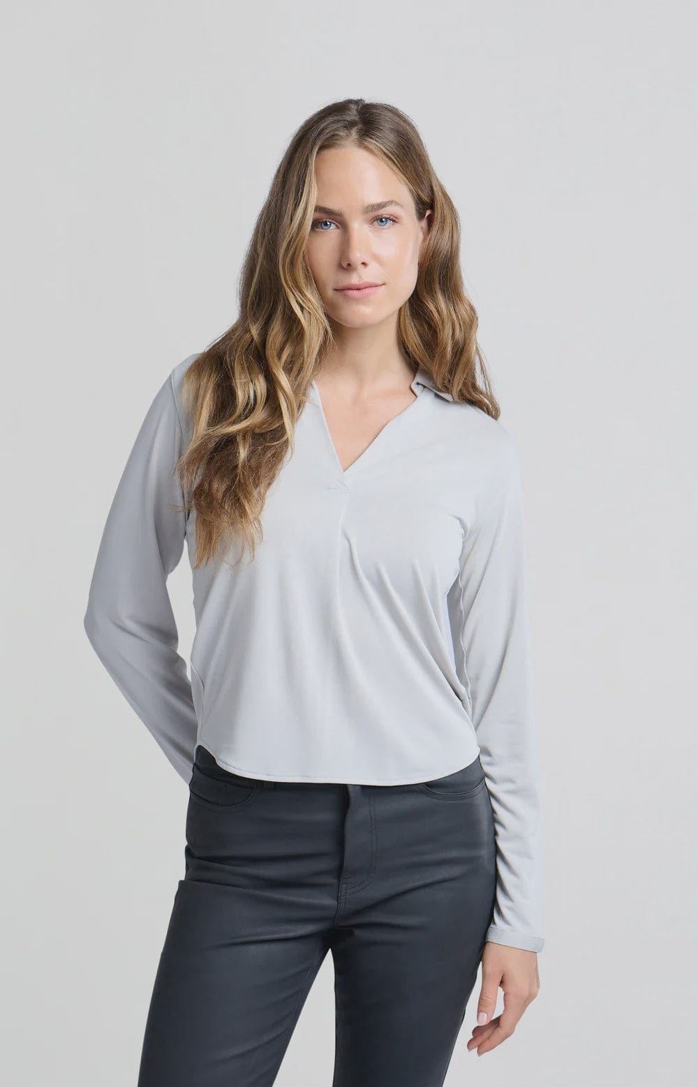 YAYA Fashion Yaya Jersey  V-neck top with Collar Sky Grey