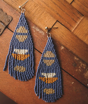 Beaded Handwoven Boho Half Moon Fringe Earrings Blue Precious